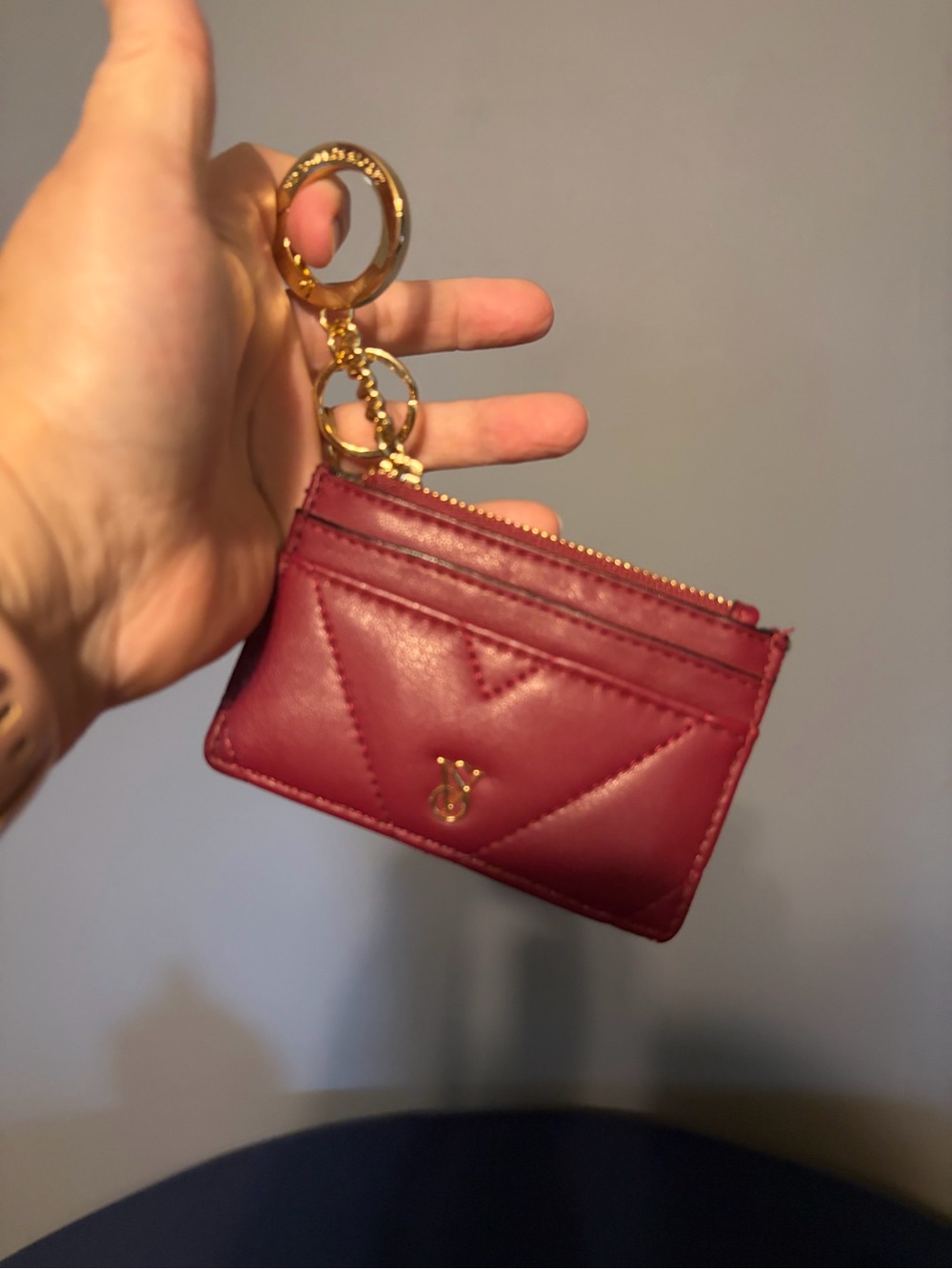 Victoria Secret Gold-Accented Burgundy Leather Card Holder Keychain.